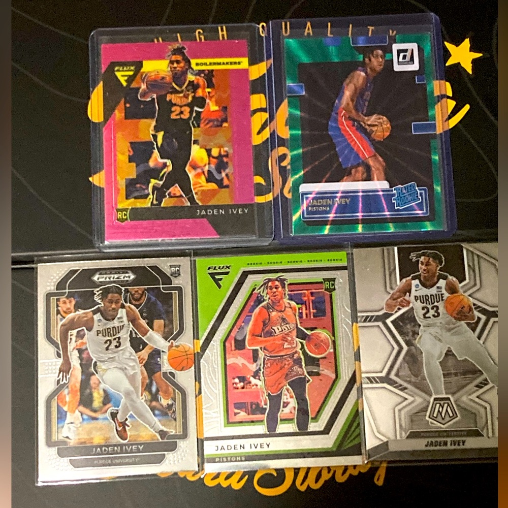 (5) 🏀🔥JADEN IVEY DETROIT PISTONS ROOKIE SET ( FLUX DONRUSS MOSAIC PRIZM)🏀🔥
